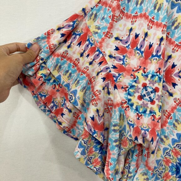 Ruby Rd. size XL Red Blue Artsy Boho Print Flare Sleeve Stretch Knit Relaxed Top - Picture 2 of 8